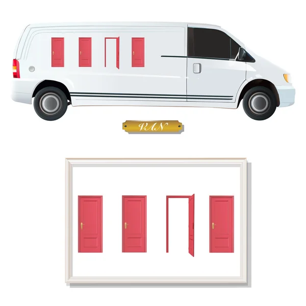 Weißer Lieferwagen mit roten Türen. Vektordesign. — Stockvektor