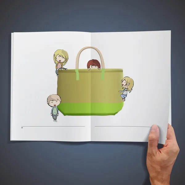 Libro aperto con illustrazione di molti bambini che giocano con una grande borsa verde. Design dello sfondo vettoriale . — Vettoriale Stock