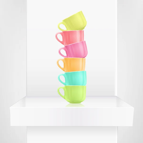 Colorful cups on shelf. Vector design. — Stock Vector