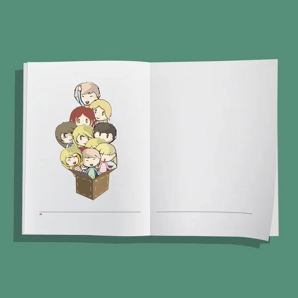 Molti bambini fuori da una scatola di cartone in un libro realistico . — Vettoriale Stock