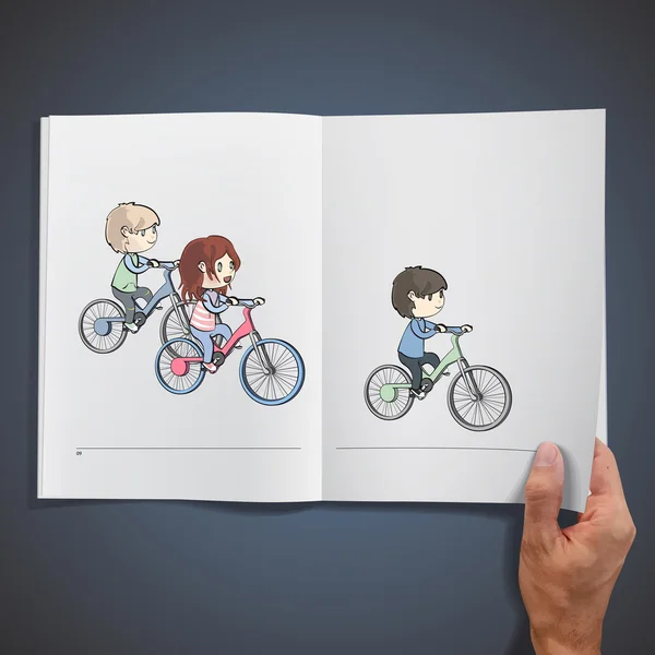 Η ομάδα των παιδιών το ποδήλατο μέσα σε ένα βιβλίο. διανυσματικό σχέδιο. — Διανυσματικό Αρχείο