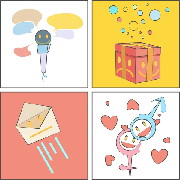 Collection de dessin animé mignon. Microphone, enveloppe, cadeau et icône du sexe . — Image vectorielle