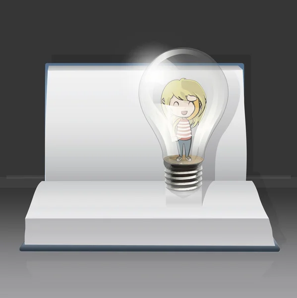 Una ragazza dentro una lampadina su un libro. Illustrazione vettoriale . — Vettoriale Stock