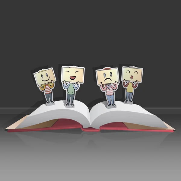 Offenes Buch mit unterschiedlichen Emotionen.. Vektor-Design. Popup-Illustration. — Stockvektor