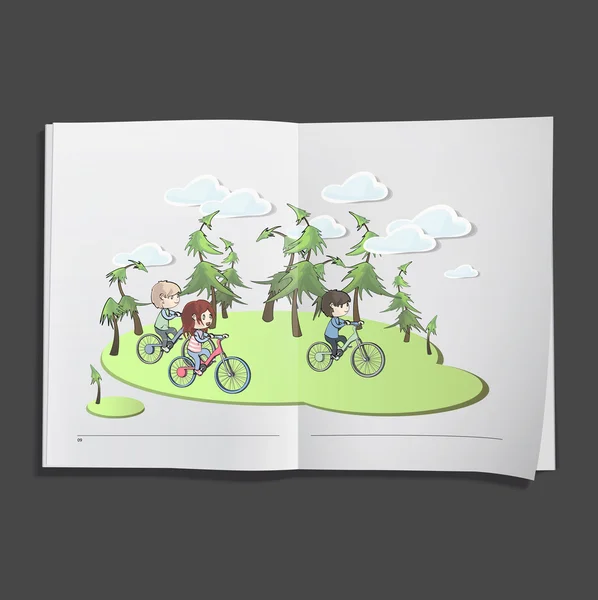 Kinderen op de fiets gedrukt op wit boek, — Stockvector