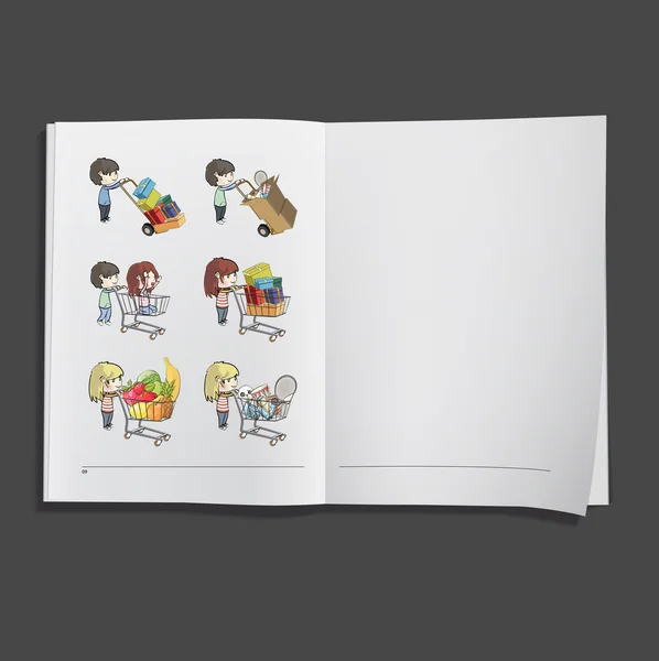 Niños comprando en supermercado impreso en libro blanco , — Vector de stock