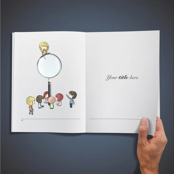 Libro bianco aperto con bambini intorno a una lente d'ingrandimento. Design vettoriale . — Vettoriale Stock