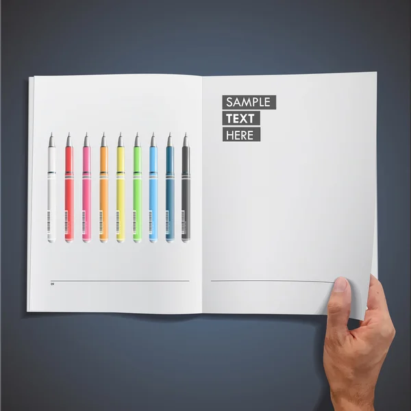 Livre blanc ouvert avec des stylos colorés à l'intérieur. Conception vectorielle . — Image vectorielle