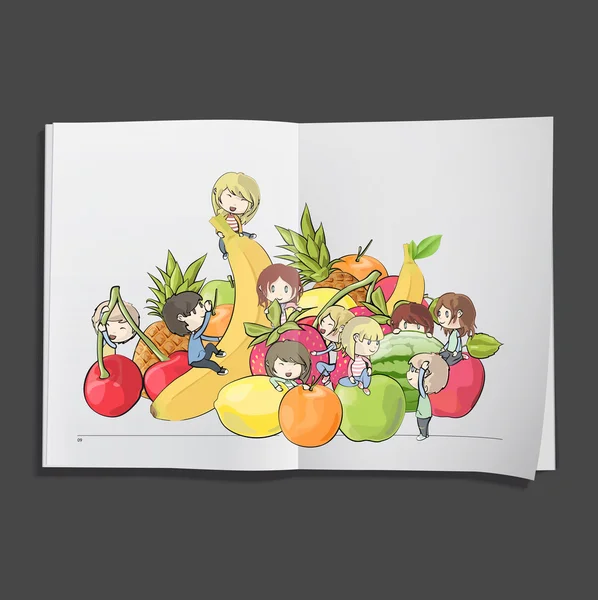 Bambini intorno alla frutta stampata su libro bianco, disegno vettoriale . — Vettoriale Stock