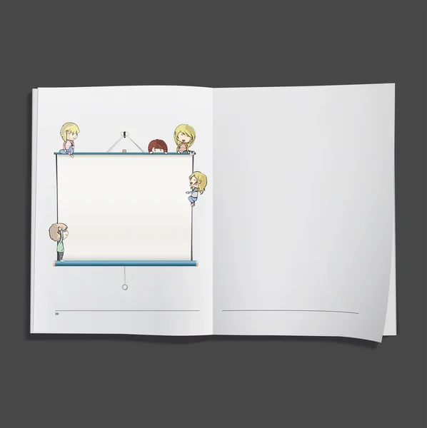 Niños con pantalla de proyector impresa en libro blanco, diseño vectorial . — Vector de stock