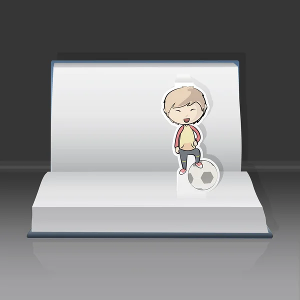 Livre ouvert avec des enfants jouant au football. Conception vectorielle. Pop-up — Image vectorielle