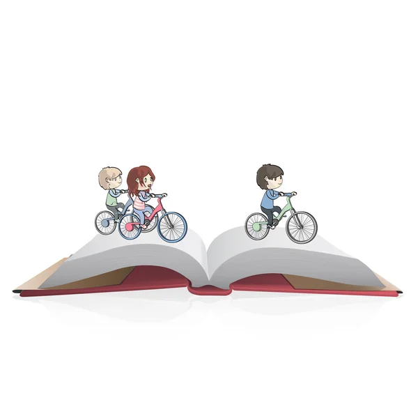 Group of children riding a bicycle inside a open Pop-up book. — Stock Vector