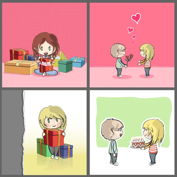 Amor pareja dando rosas para el día de San Valentín, niño abriendo un montón de regalos, y chica dando un bonito pastel de cumpleaños con velas. Colección de imágenes de diseño vectorial . — Archivo Imágenes Vectoriales