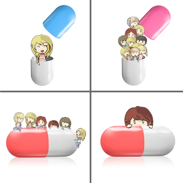 Collection of kids around pill. Vector design. — Stock Vector