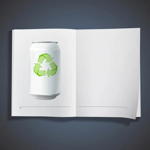 Dose mit Recycling-Symbol auf weißem Buch. Vektordesign. — Stockvektor