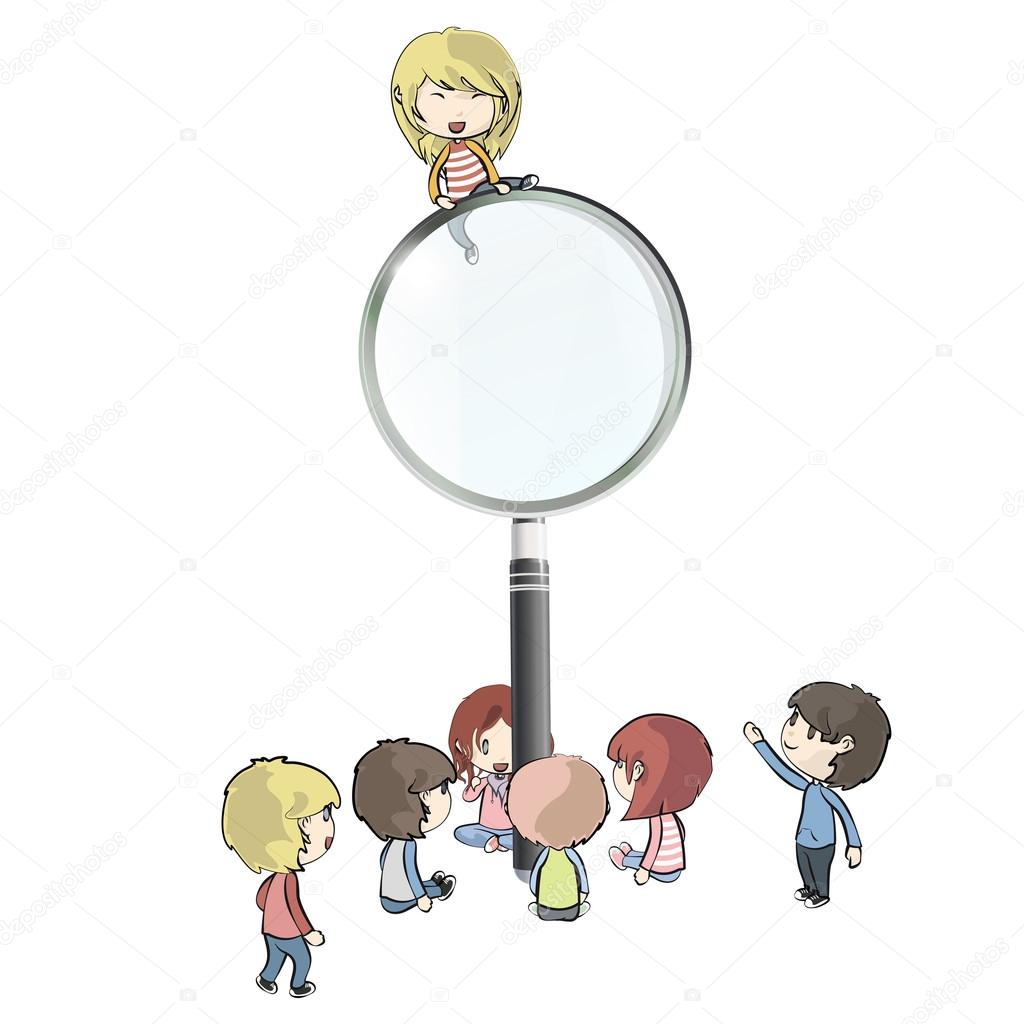 Bambini Intorno A Lente Dingrandimento Disegno Vettoriale