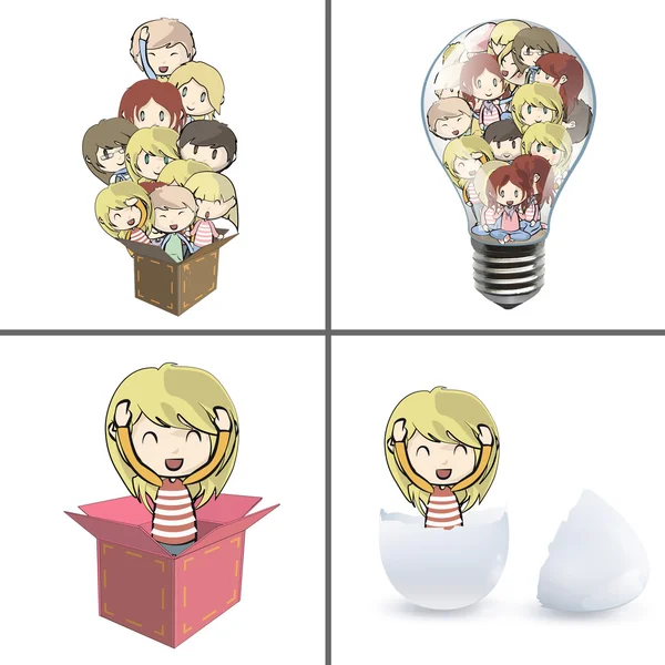 Many children inside a bulb, box and egg. Vector illustration. — Stock Vector