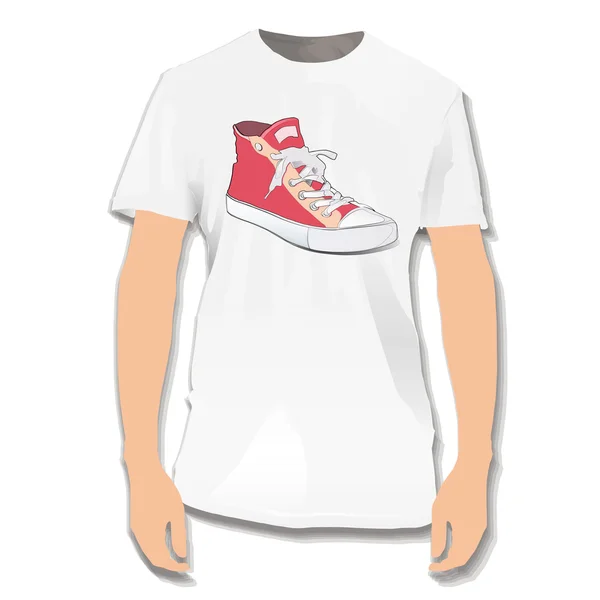 Zapato rojo impreso en camisa blanca. Diseño vectorial . — Vector de stock