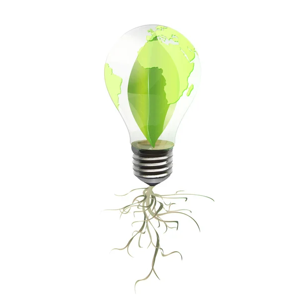 Eco bulb with leaf inside and roots. Vector background design. — Stock Vector