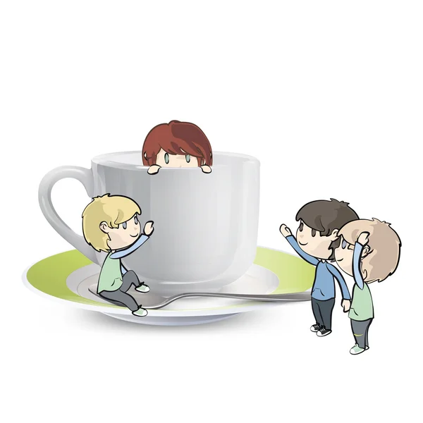 Molti bambini intorno a una tazza di tè. Design vettoriale . — Vettoriale Stock