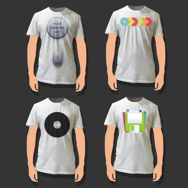 Sammlung von Hemden mit Maus, CD und Diskette bedruckt. Vektordesign. — Stockvektor