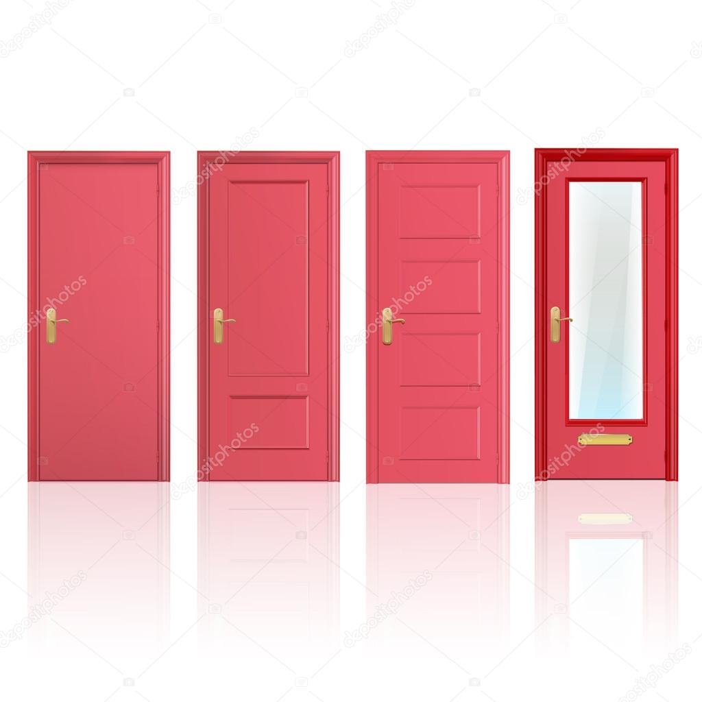 Collection of four red doors, one open and the others closed. Vector design.