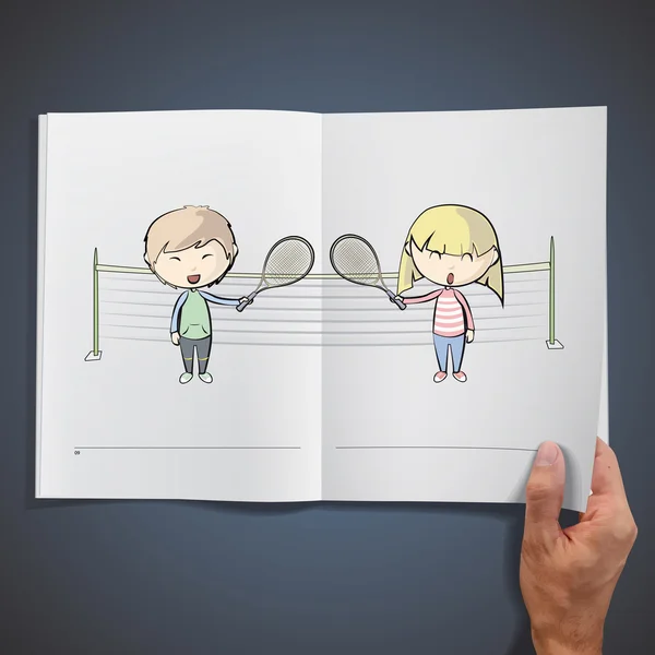 Bambini che giocano a tennis dentro un libro. Design vettoriale — Vettoriale Stock