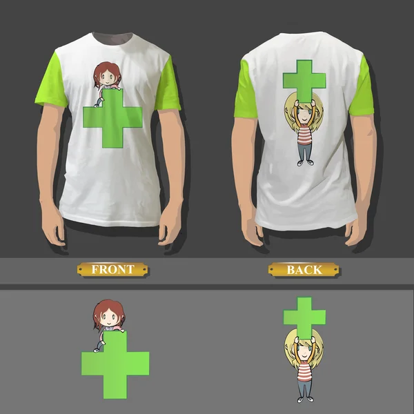 Camicia di design con le ragazze dei cartoni animati in possesso di una croce verde. Illustrazione vettoriale realistica . — Vettoriale Stock