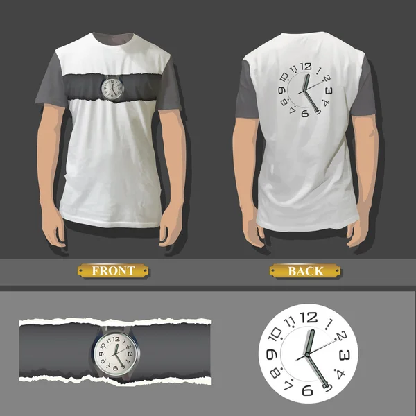 Shirt design with an illustration of a clock. Realistic vector design. — Stock Vector