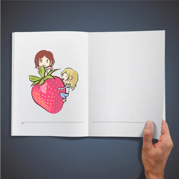 Zwei Mädchen, die mit einer schönen Erdbeere in einem Buch spielen. Vektordesign. — Stockvektor