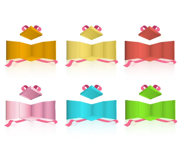 Open colorful box with red ribbons on isolated background. Vector design. — Stock Vector