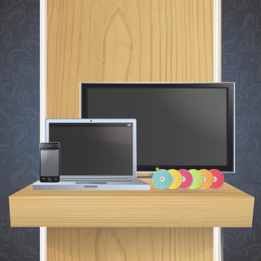 tv, bilgisayar, cd ve telefon raf kümesi. vektör tasarımı.