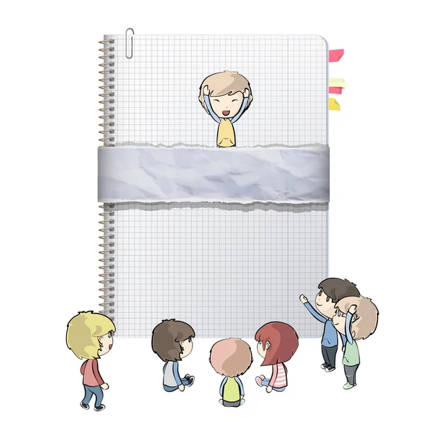 Děti kolem kruhu notebook s recyklovaný obal. Vektorová design. — Stockový vektor