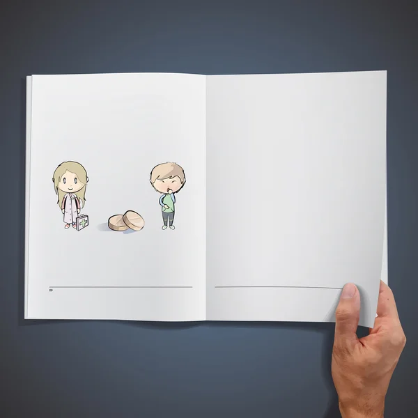 Libro abierto con ilustraciones de enfermeras curando a un paciente con medicamentos. Diseño vectorial . — Vector de stock