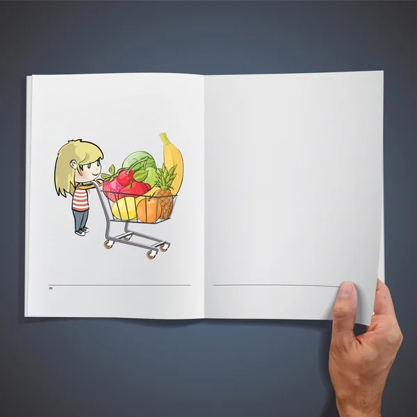 Blondýnka nákup ovoce v supermarketu. realistické ilustrace časopisu. — Stockový vektor