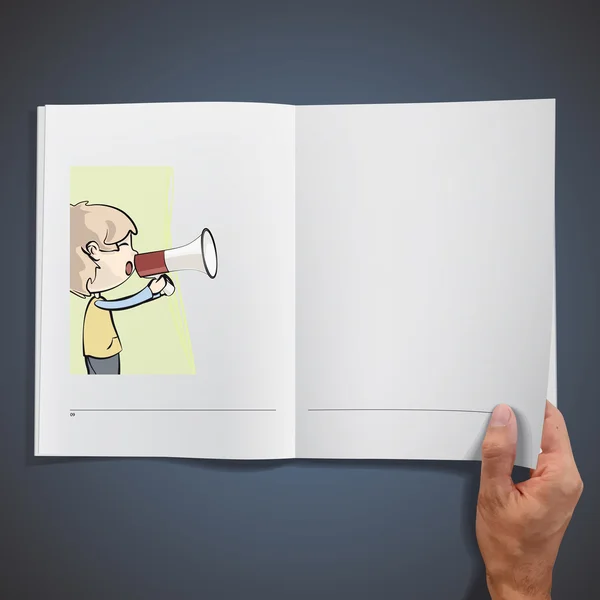 Young kid shouting with megaphone inside a book. Vector design. — Stock Vector