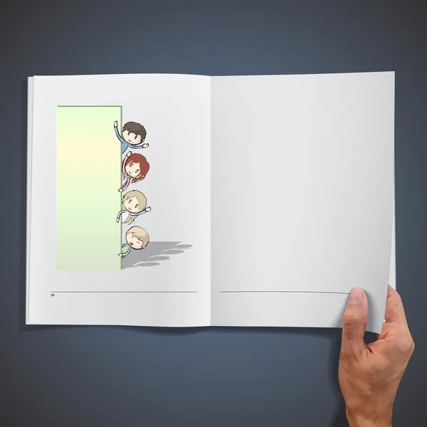 Kinder blicken hinter ein weißes Plakat in einem Buch. Vektordesign. — Stockvektor
