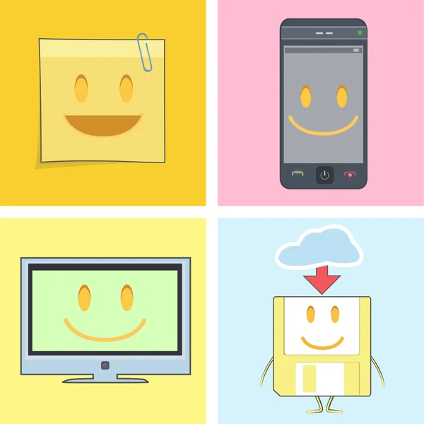 Set van schattige iconen. postit, telefoon, tv en diskette — Stockvector