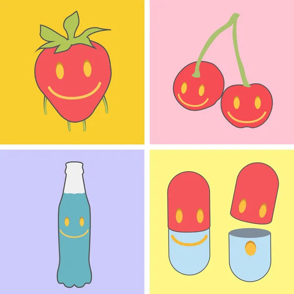 Conjunto de iconos lindos. Fresa, frasco, píldora y fruta . — Vector de stock