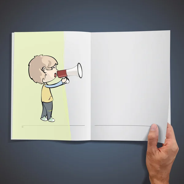 Young kid shouting with megaphone inside a book. Vector design. — Stock Vector