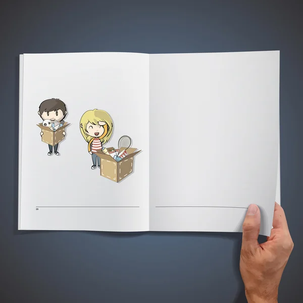 Libro abierto con ilustraciones de pareja moviendo muchos juguetes y objetos. Diseño vectorial . — Vector de stock