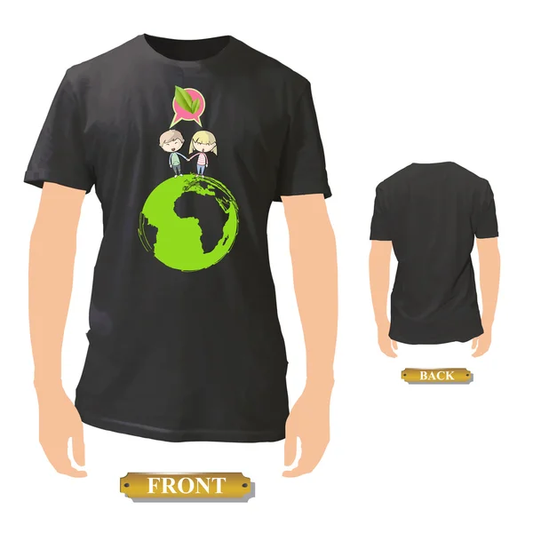 Kinderen op een groene planeet binnen een zwart shirt. vector ontwerp. — Stockvector