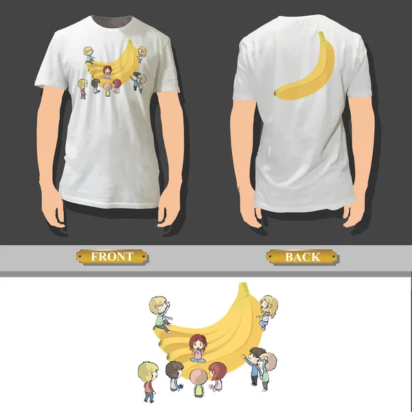 Bananas com muitos kidsr impresso na camisa branca. Projeto vetorial . — Vetor de Stock