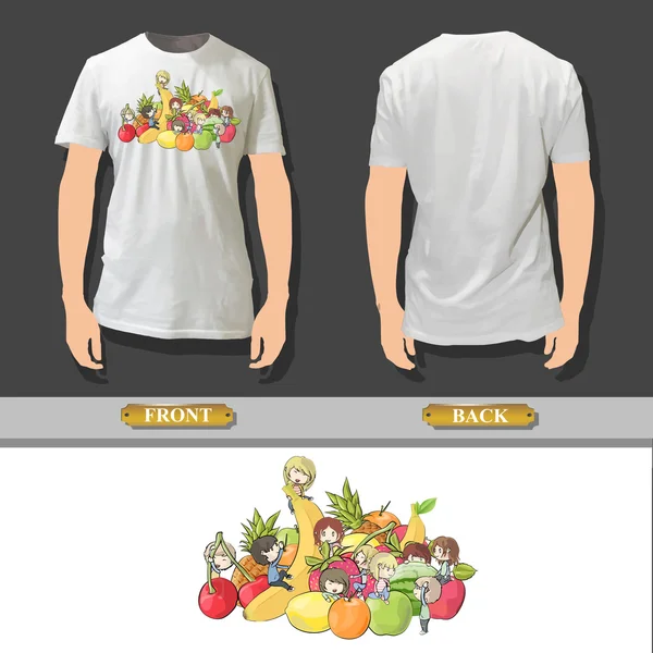 Muitas crianças entre frutas impressas em camisa branca. Projeto vetorial . — Vetor de Stock