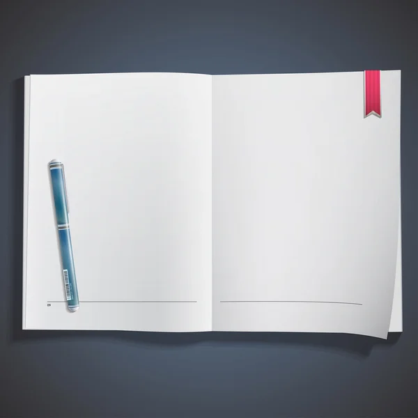 Realistische blauwe pen op witte lege boek. vectorillustratie. — Stockvector