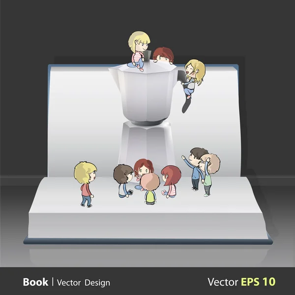 Kids around coffee pot on book. Vector design. — Stock Vector