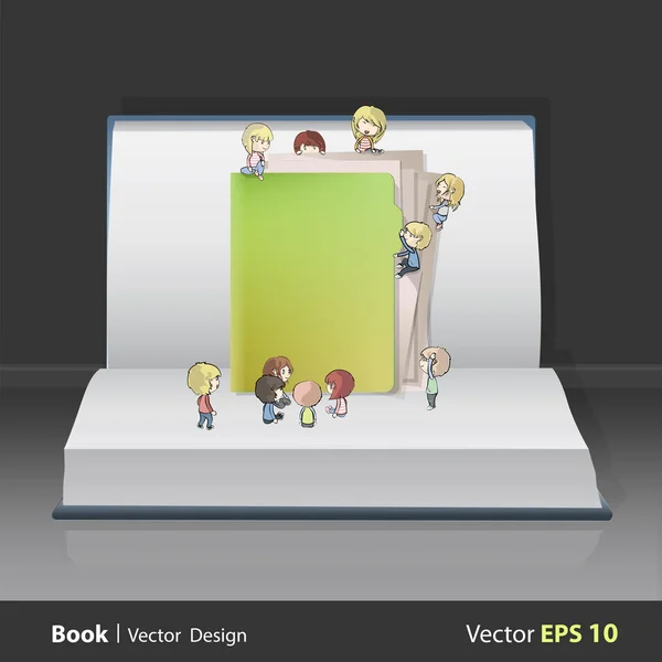 Muchos niños alrededor de una carpeta en el libro. Diseño vectorial . — Vector de stock