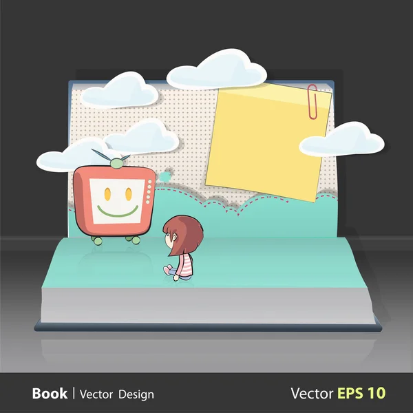 Ragazza che guarda la TV sul libro. Design vettoriale . — Vettoriale Stock