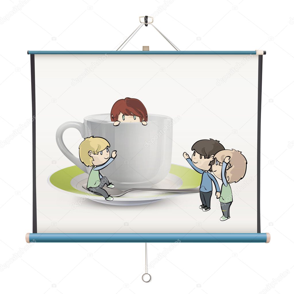 Many children around cup of tea inside a projector screen. Vector design