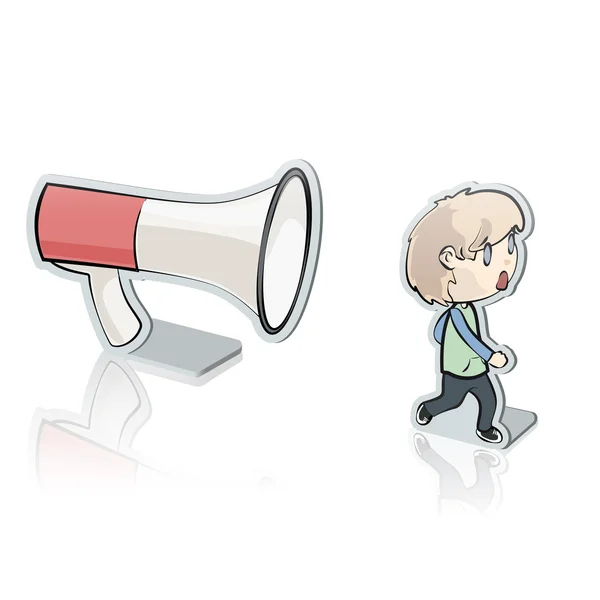 Young kid shouting with megaphone. Vector illustration. — Stock Vector